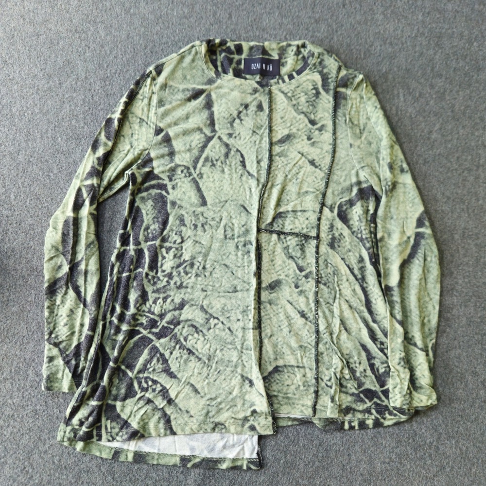 OZAI N KU Top M Green Abstract Asymmetrical Lagenlook Avant Garde Earthy Stretch